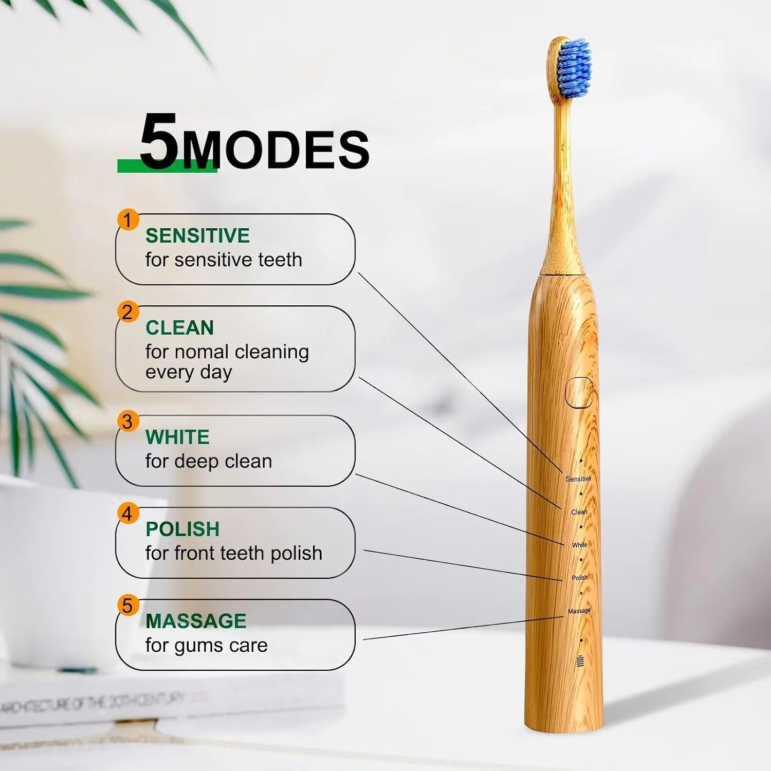 مسواک برقی سونیک بامبو برای بزرگسالان - طراحی بامبوی سازگار با محیط زیست با برس های نرم - 5 حالت تمیز کردن قابل تنظیم - فناوری ضد آب IPX7 ارتقا یافته برای بزرگسالان