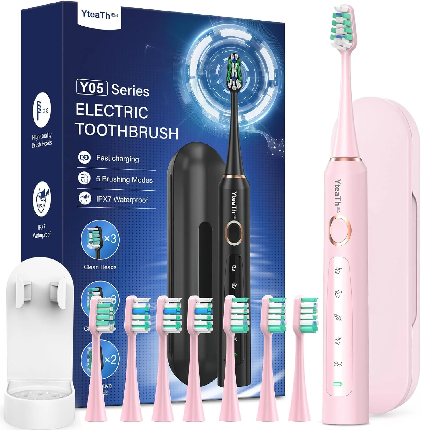 مسواک برقی صوتی برای بزرگسالان و کودکان - مسواک صوتی کودکان با 8 سر برس و کیف مسافرتی، 5 حالت، ضد آب IPX7، مسواک برقی کودکان، صورتی