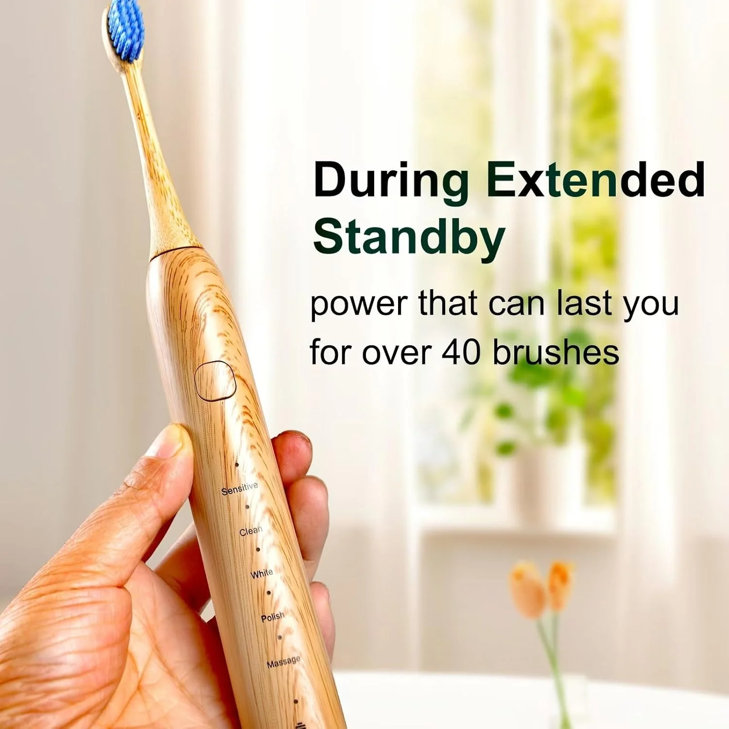 مسواک برقی سونیک بامبو برای بزرگسالان - طراحی بامبوی سازگار با محیط زیست با برس های نرم - 5 حالت تمیز کردن قابل تنظیم - فناوری ضد آب IPX7 ارتقا یافته برای بزرگسالان