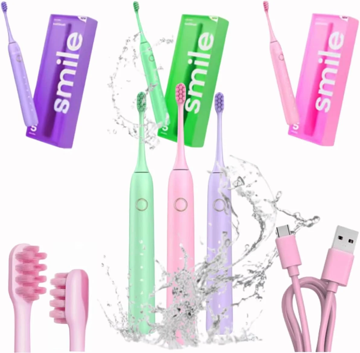 مسواک برقی سونیک برای بزرگسالان و کودکان - مسواک سونیک با 8 سری (3 نوع) و 5 حالت، 120 روز عمر باتری، 50000 VPM، کیف مسافرتی و نگهدارنده دیواری، تایمر 2 دقیقه ای، USB C