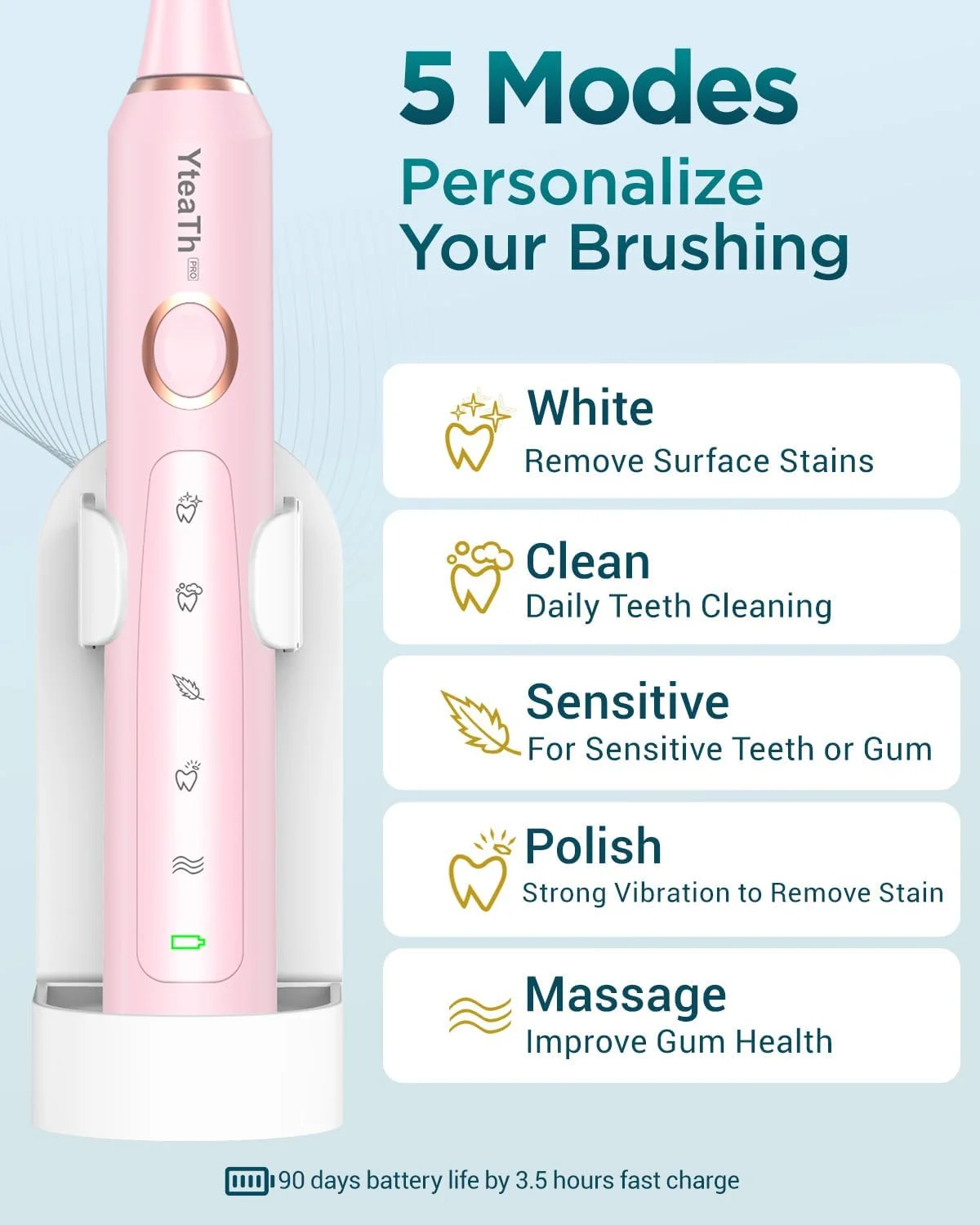 مسواک برقی صوتی برای بزرگسالان و کودکان - مسواک صوتی کودکان با 8 سر برس و کیف مسافرتی، 5 حالت، ضد آب IPX7، مسواک برقی کودکان، صورتی