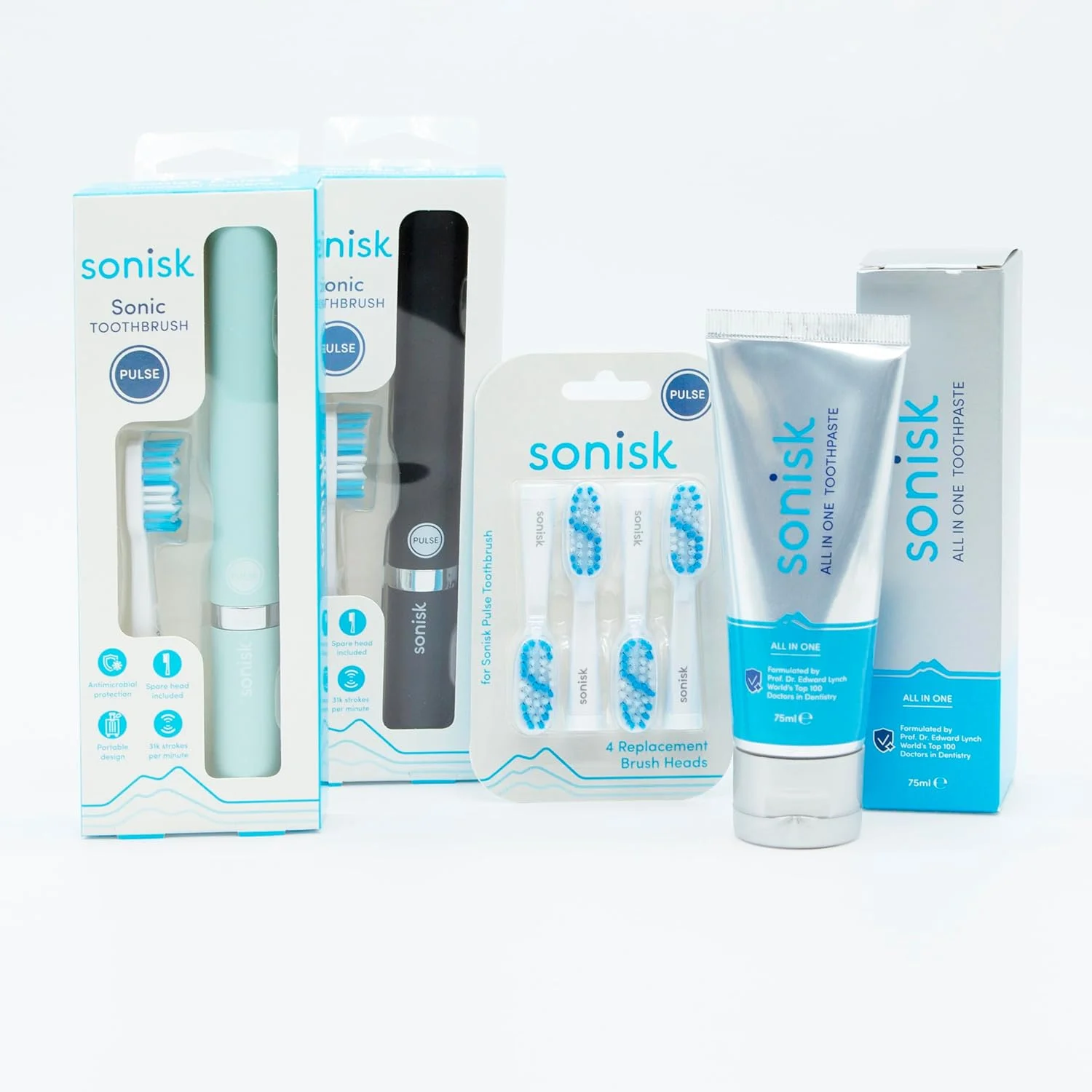 بسته دوتایی سونیک | 2 عدد مسواک برقی پالس، 4 عدد سری جایگزین، خمیر دندان همه کاره | فناوری صوتی، از بین بردن پلاک | توصیه شده توسط دندانپزشکان، مناسب برای مسافرت (آبی فیروزه ای و مشکی مات)