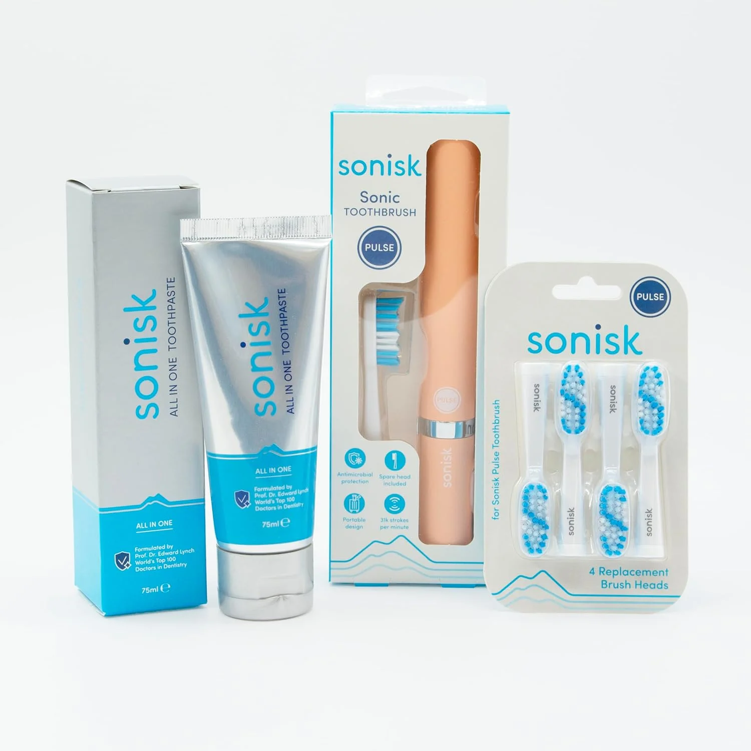 مجموعه هدیه سونیک | مسواک برقی پالس، 4 سری جایگزین، خمیر دندان همه کاره | فناوری صوتی، حذف پلاک، تنفس تازه | توصیه شده توسط دندانپزشکان (هلویی)