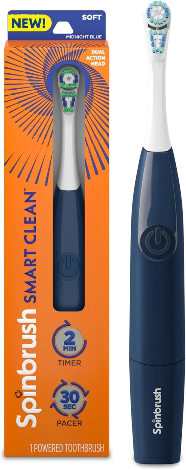 مسواک برقی با باتری Spinbrush Smart Clean، برس نرم، آبی تیره