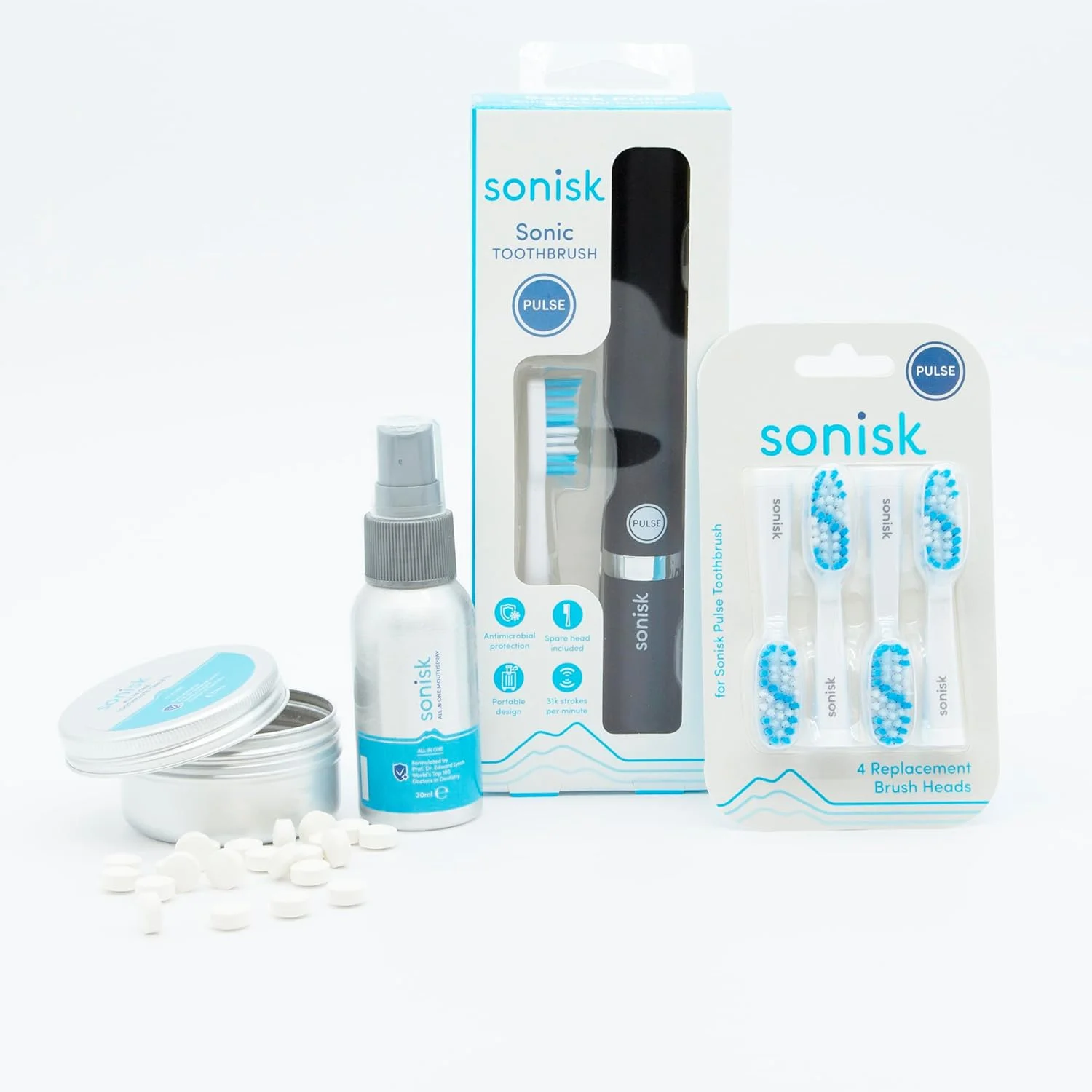 مجموعه مسافرتی سونیک | مسواک برقی پالسی، ۴ سری جایگزین، قرص خمیر دندان جویدنی و اسپری خوشبو کننده دهان نعنایی | فناوری صوتی، طراوت ماندگار | توصیه شده توسط دندانپزشکان (مشکی مات)