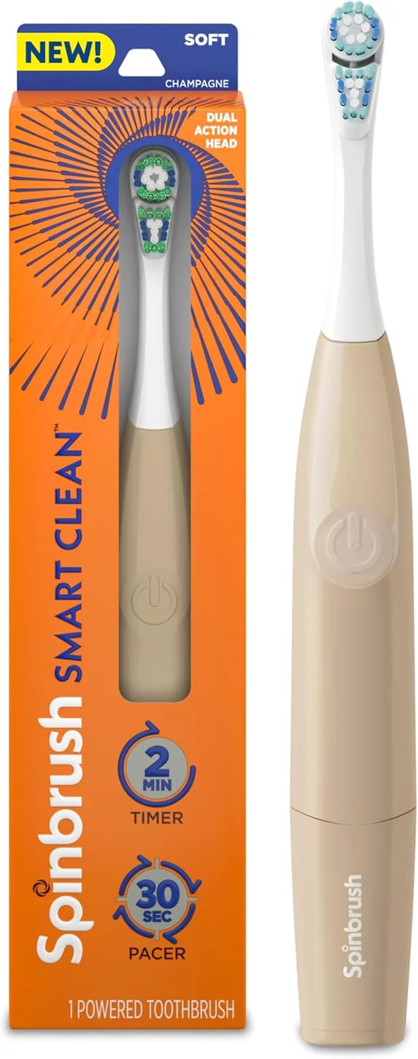 مسواک برقی باتری خور Spinbrush Smart Clean برای بزرگسالان با سر دوگانه، زمان‌سنج و تایمر، شامپاین، برس نرم، 1 عدد
