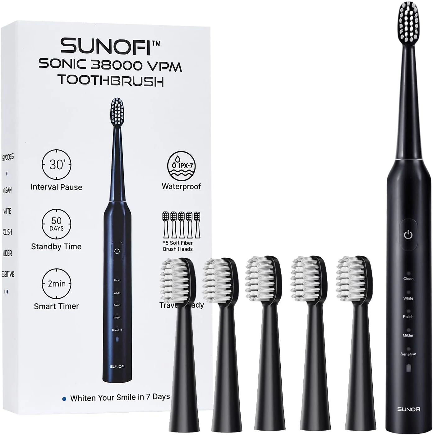 مسواک برقی سونیک برای بزرگسالان، 5 حالت مسواک قابل شارژ با 5 سر برس، عمر باتری 50 روزه، ضد آب IPX7، تایمر هوشمند 2 دقیقه ای (مشکی)