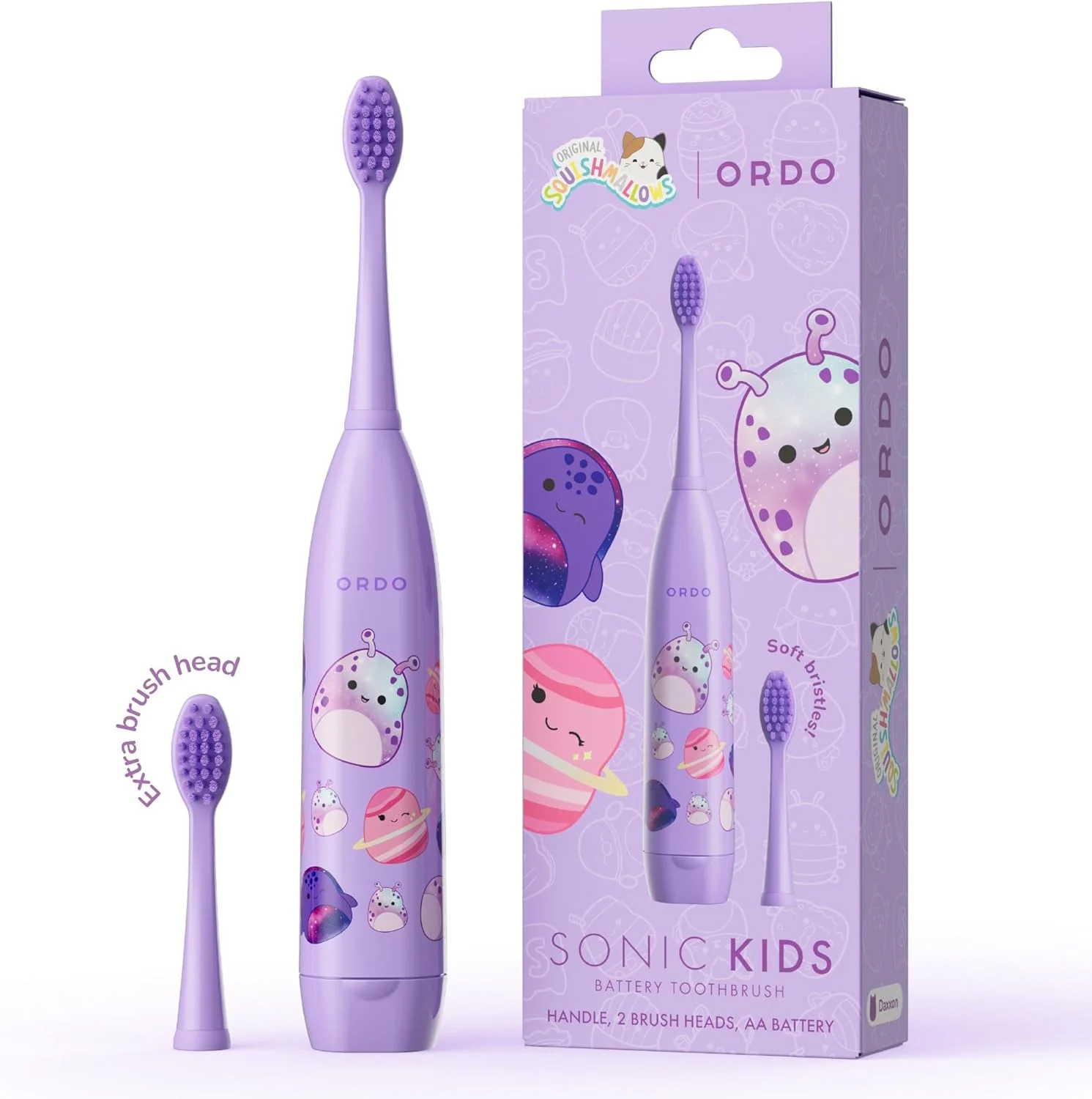 مسواک کودکانه Ordo Squishmallows، مسواک های باتری خور سونیک برای کودکان، برس های نرم، دارای سری اضافی، هدیه برای کودکان 4 سال به بالا، باتری شامل، Daxxon
