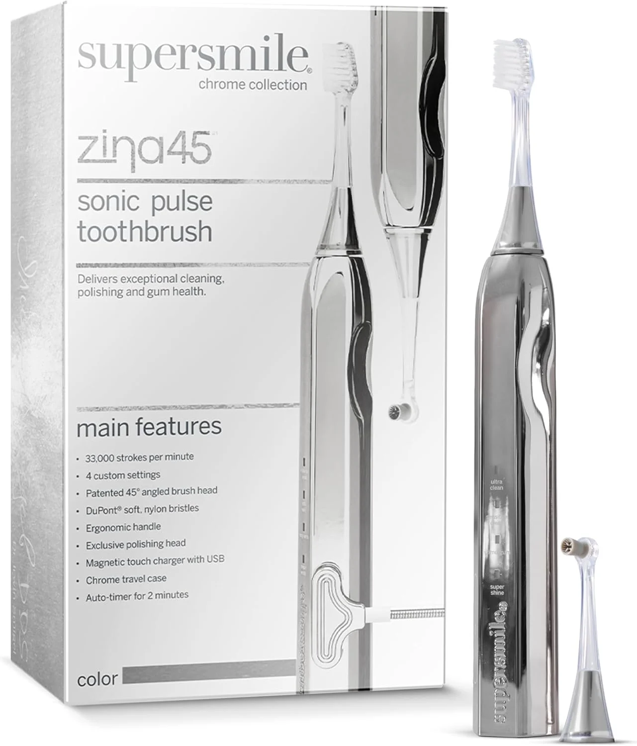 مسواک برقی شارژی سوپرسمایل Zina45™ Deluxe Sonic Pulse با سر زاویهدار و کیف مسافرتی – برای دندانهای سفیدتر و لثههای سالمتر، نقرهای مسواک برقی شارژی سوپرسمایل Zina45™ Deluxe Sonic Pulse با سر زاویهدار و کیف مسافرتی – برای دندانهای سفیدتر و لثههای سالمتر، نقرهای