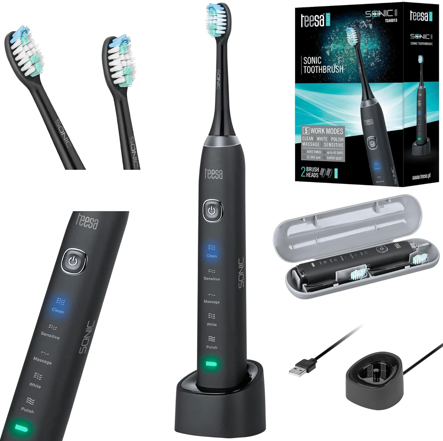 مسواک صوتی Teesa Sonic Black TSA8015 با 5 برنامه تمیز کننده مشکی