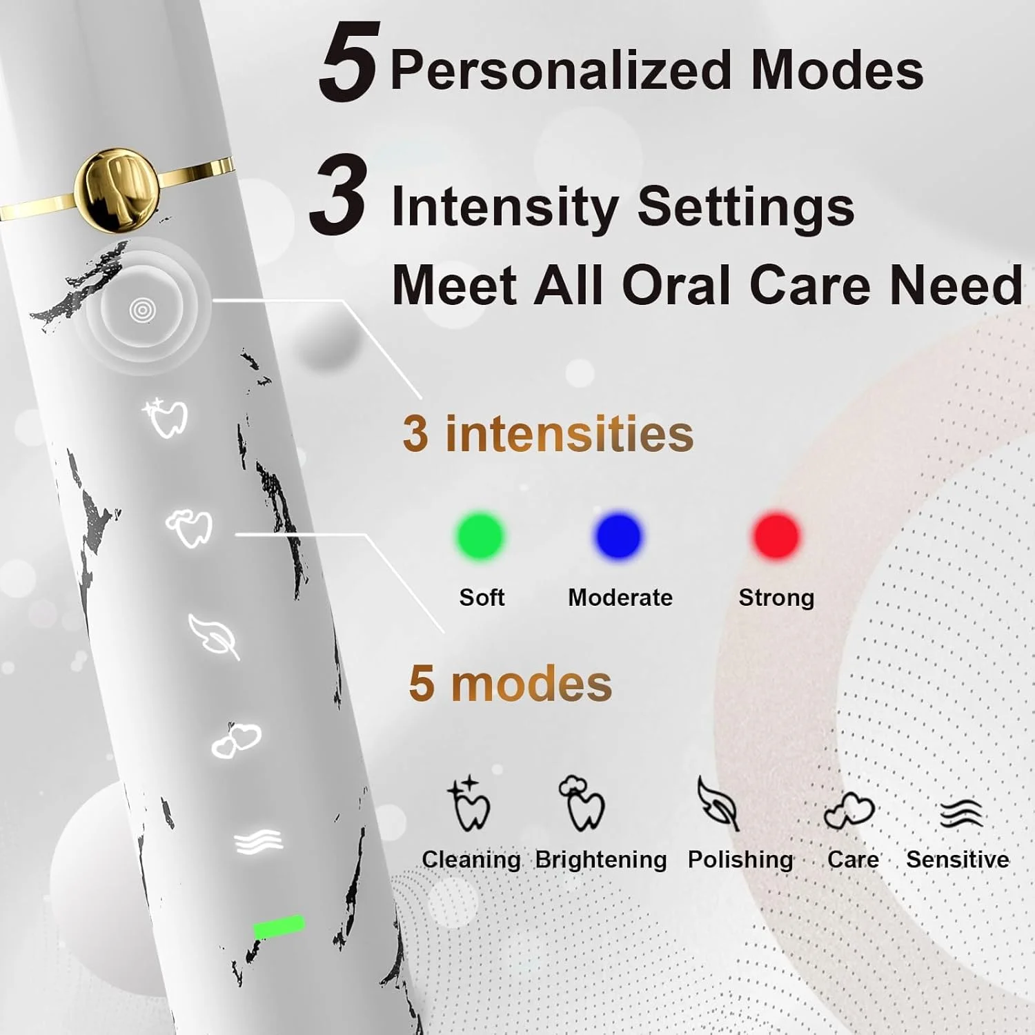 مسواک برقی بزرگسال تریفی با جعبه، 5 سری جایگزین، 5 حالت، 3 سطح شدت، 120 روز عمر باتری (سفید)