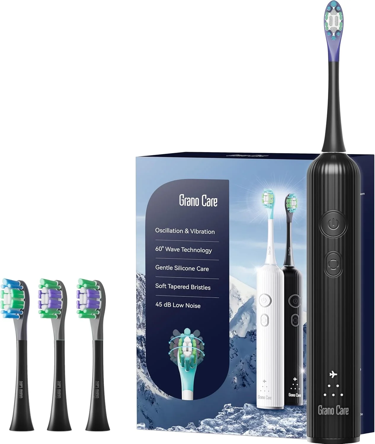 مسواک برقی ویو، مسواک برقی سونیک ارتعاشی و نوسانی برای بزرگسالان با 4 سر برس موی DuPont، ضد آب IPX7، قابل شارژ USB، مسواک مسافرتی (مشکی ABS)