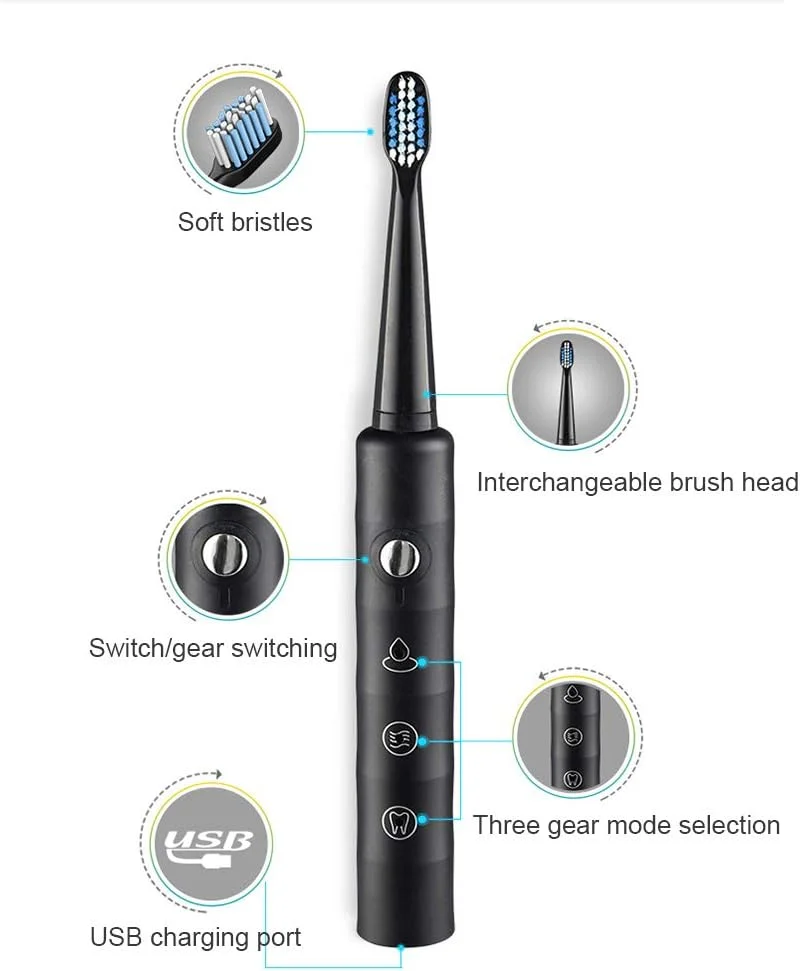 مسواک برقی سونیک قابل شارژ، مسواک برقی با 4 سری مسواک، مسواک قابل حمل برای بزرگسالان، 3 حالت با تایمر هوشمند، مشکی