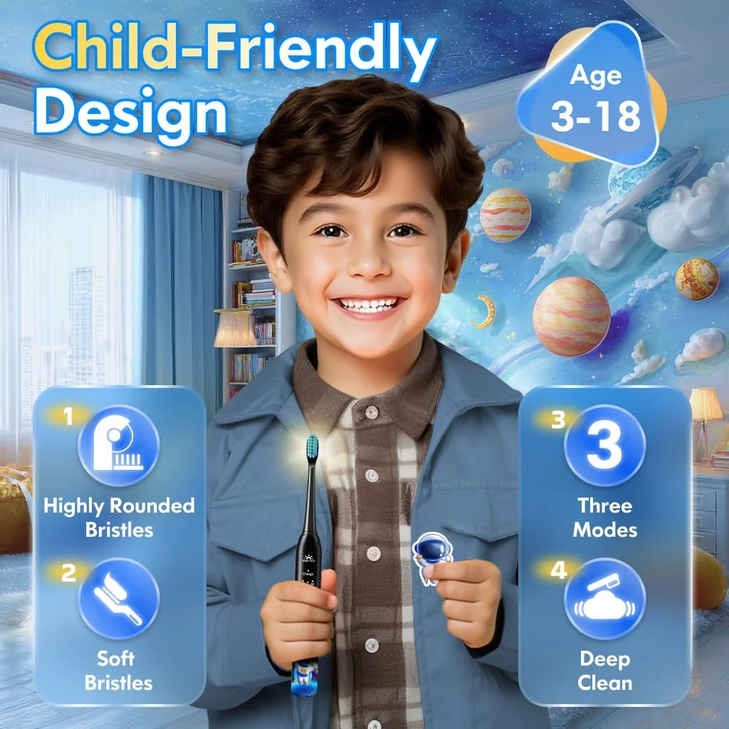 مسواک برقی کودکانه مناسب کودکان 3-6-10-12 سال، مسواک برقی کودکانه با تایمر و برچسب عادت ساز، 3 حالت مسواک صوتی کودکانه پسرانه قابل شارژ (فضانورد مشکی)