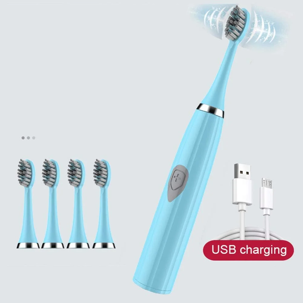 مسواک برقی سونیک با 5 سری قابل تعویض، مسواک قابل شارژ USB با 5 حالت تمیز کردن، ضد آب IPX7، محافظت از لثه و بهبود سلامت دهان، آبی