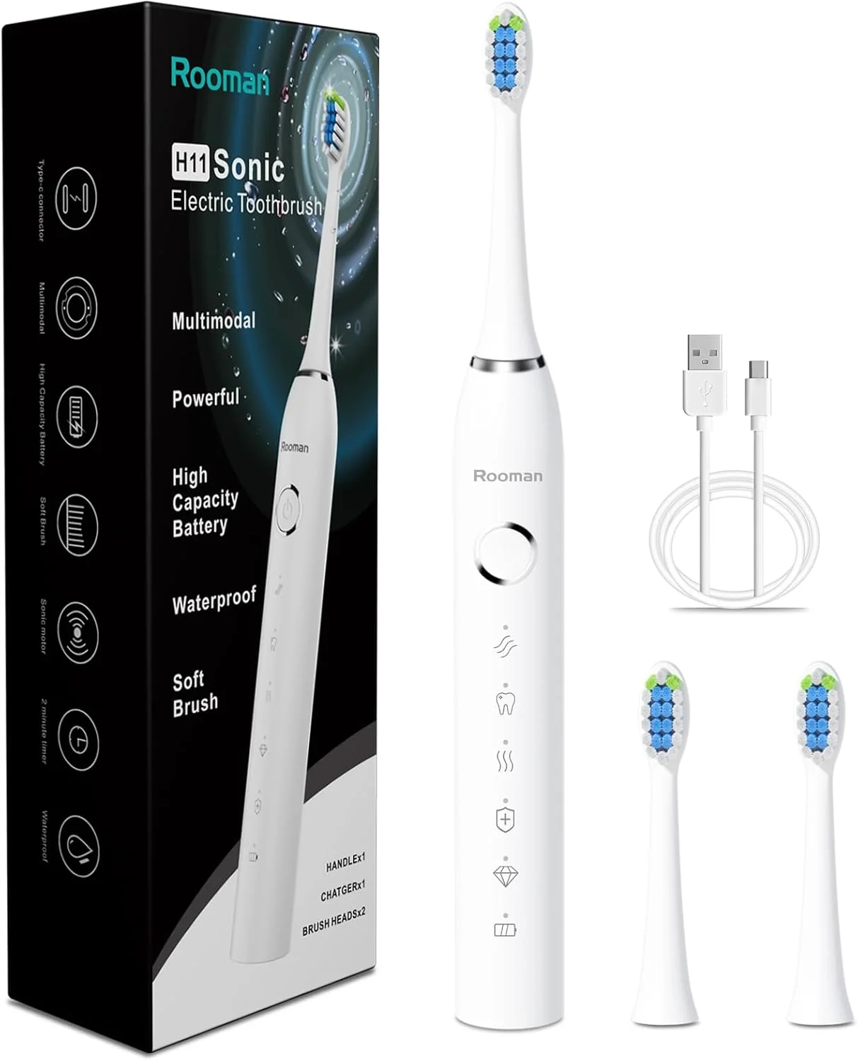 مسواک برقی برای بزرگسالان، 20000 لرزش در دقیقه، 5 حالت تمیز کردن، عمر باتری 90 روزه، تایمر هوشمند داخلی، مسواک قابل شارژ ضد آب IPX7، 2 سر برس قابل تعویض (سفید)