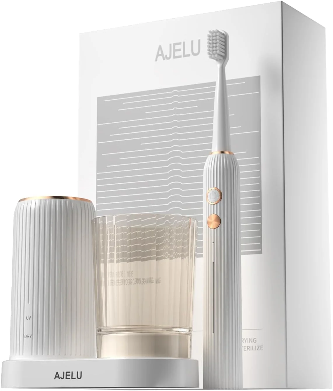 ست مسواک برقی با پایه نگهدارنده خشک کننده و ضدعفونی کننده، 8 سری مسواک جایگزین، فنجان شستشوی شفاف، تایمر هوشمند، قابل شارژ USB برای بزرگسالان