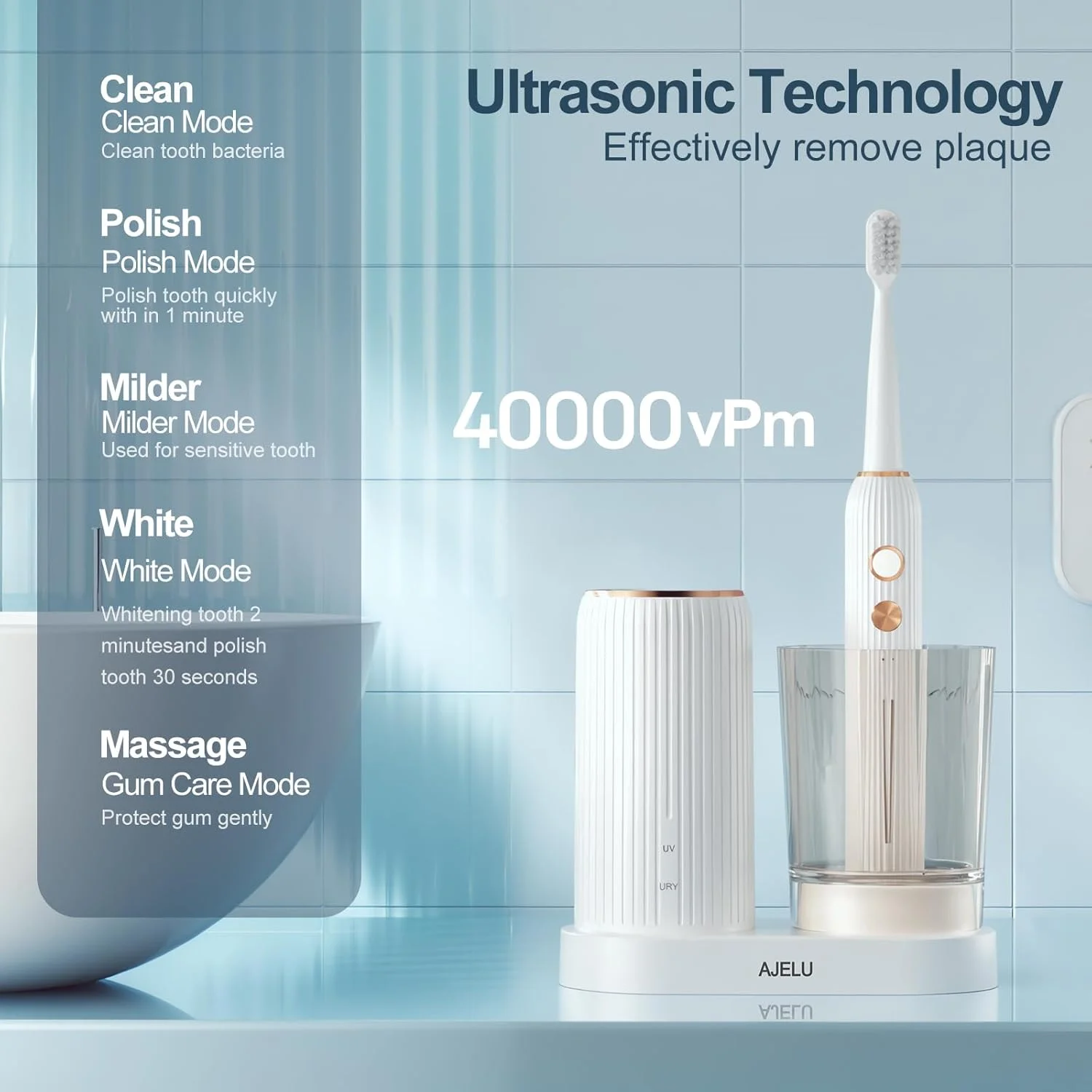 ست مسواک برقی با پایه نگهدارنده خشک کننده و ضدعفونی کننده، 8 سری مسواک جایگزین، فنجان شستشوی شفاف، تایمر هوشمند، قابل شارژ USB برای بزرگسالان