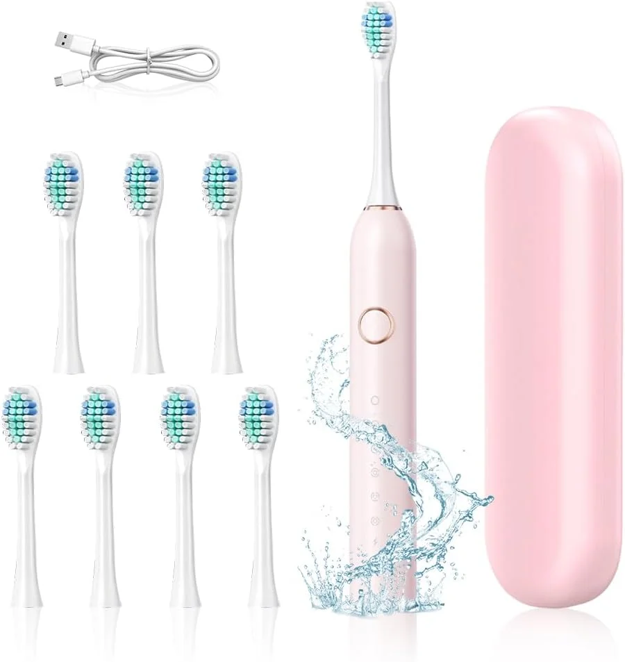 مسواک برقی بزرگسال HANNEA®، مسواک های برقی التراسونیک قابل شارژ با 6 حالت تمیز کردن و 8 سری برس و کیف، 180 روز عمر باتری، ضد آب IPX7، صورتی