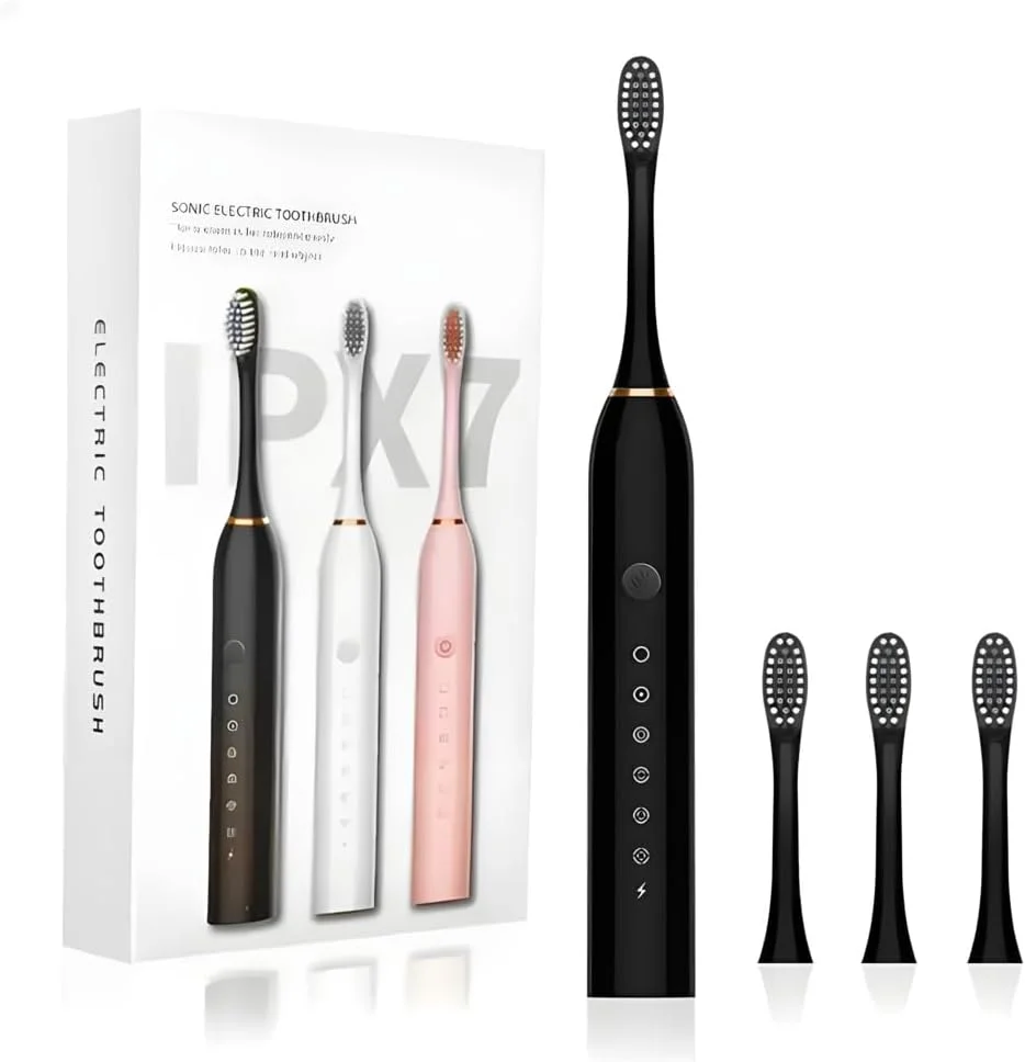 مسواک برقی سونیک، مسواک اولتراسونیک قابل شارژ USB با 4 سری مسواک، 6 حالت تمیز کردن و تایمر هوشمند IPX7 ضد آب برای بزرگسالان و کودکان (مشکی)