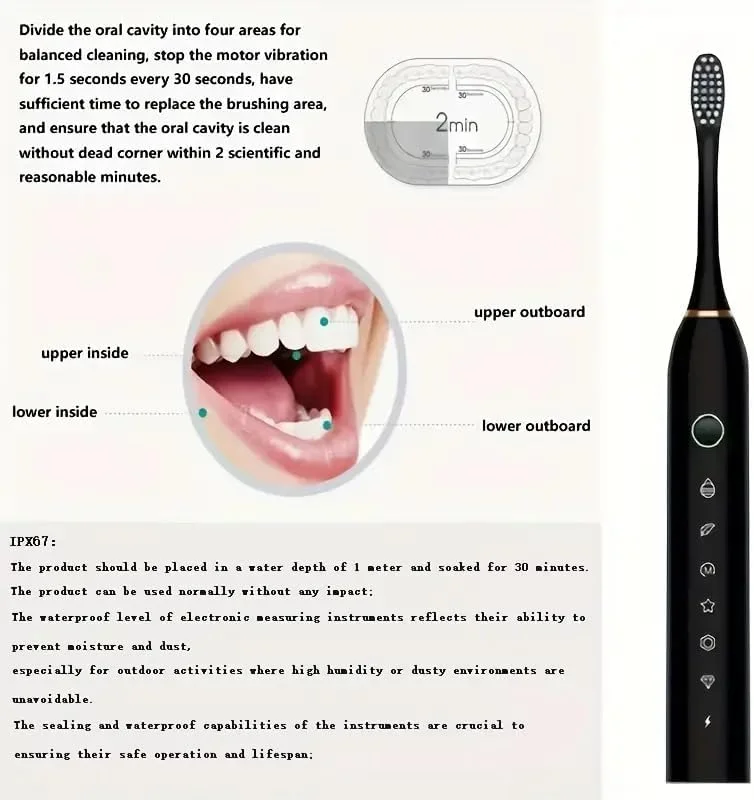 مسواک برقی صوتی، مسواک سفید کننده با 8 سری مسواک، مسواک برقی قابل شارژ با 6 حالت تمیز کردن، مسواک برقی ضد آب برای بزرگسالان و کودکان