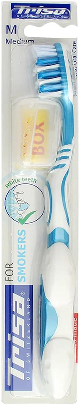 مسواک دستی متوسط Trisa برای افراد سیگاری، به همراه درپوش مسافرتی، بهترین مراقبت دهان و دندان سوئیسی، دارای رشته های فعال ویژه برای از بین بردن تغییر رنگ، مجموعه متنوع، 1 عدد