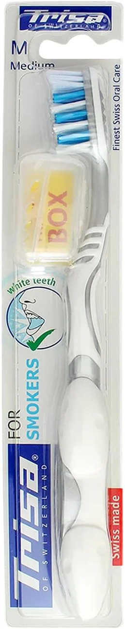 مسواک دستی متوسط Trisa برای افراد سیگاری، به همراه درپوش مسافرتی، بهترین مراقبت دهان و دندان سوئیسی، دارای رشته های فعال ویژه برای از بین بردن تغییر رنگ، مجموعه متنوع، 1 عدد