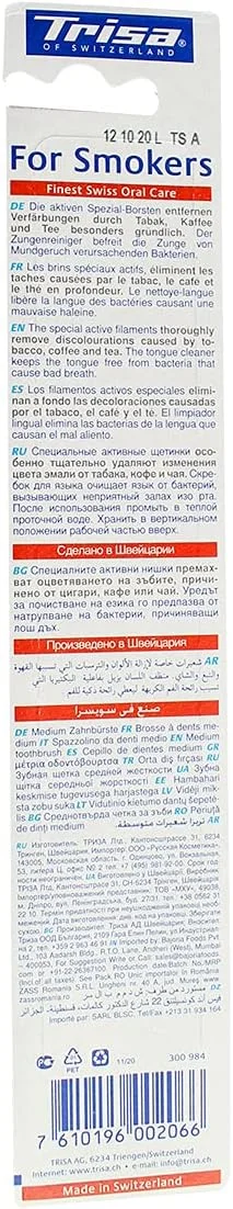 مسواک دستی متوسط Trisa برای افراد سیگاری، به همراه درپوش مسافرتی، بهترین مراقبت دهان و دندان سوئیسی، دارای رشته های فعال ویژه برای از بین بردن تغییر رنگ، مجموعه متنوع، 1 عدد