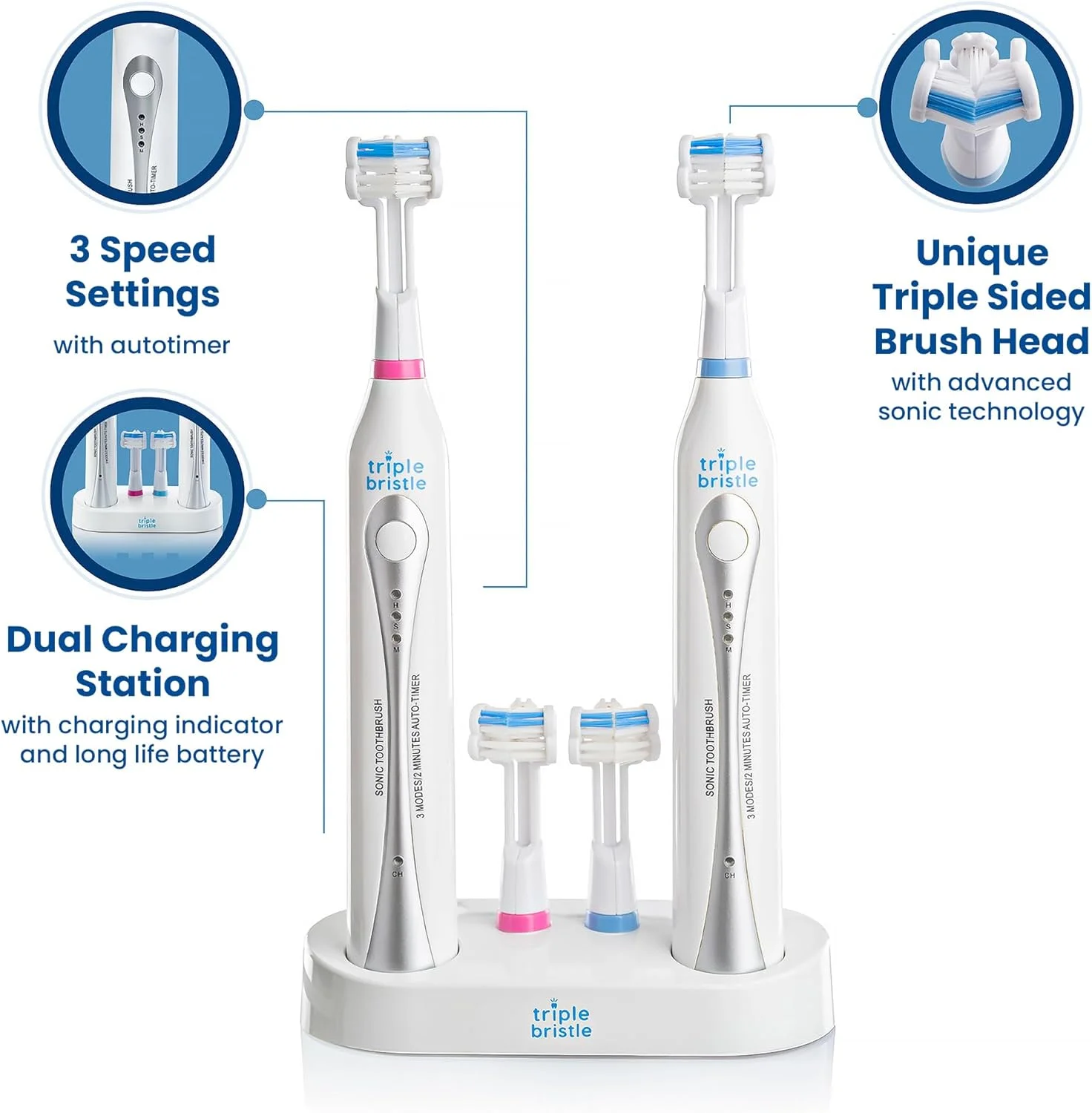 مسواک برقی دوتایی سونیک تریپل بریستل - ایده آل برای خانواده ها و زوج ها - مرتب نگه داشتن پیشخوان حمام - 2 مسواک و پایه شارژ دوگانه - 4 سر برس - چه کسی می خواهد به اشتراک بگذارد؟