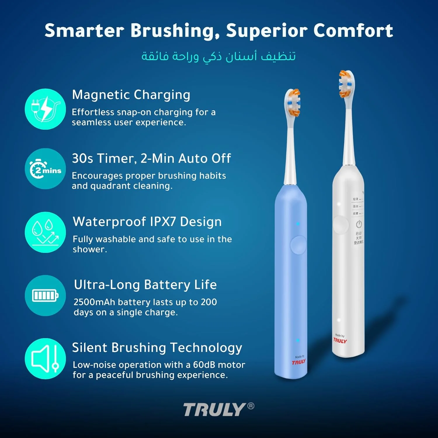 مسواک برقی صوتی بزرگسالان مدل FC1800 – 200 روز شارژدهی باتری، برس های DuPont، شارژ سریع مغناطیسی، پایه سیلیکونی نرم، ضد آب IPX7، مناسب سفر – سفید