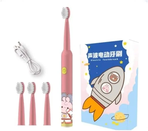 مسواک برقی اولتراسونیک شارژی کودکانه با 4 سری نرم - صورتی