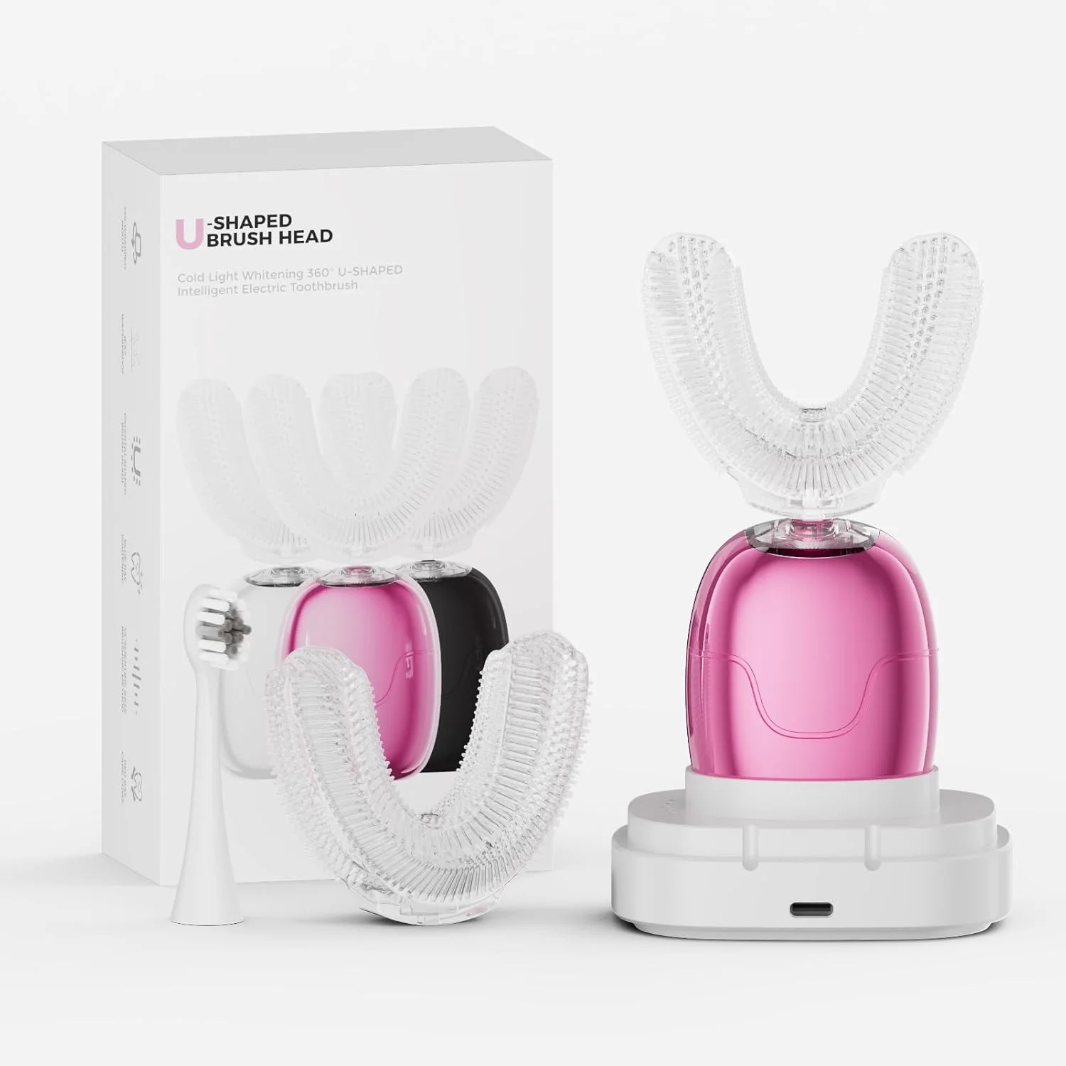 مسواک برقی اولتراسونیک بزرگسالان، مسواک اتوماتیک U شکل برای تمیز کردن 360 درجه کل دهان، سفید کننده دندان، بدون نیاز به دست، قابل شارژ، ضد آب IPX7