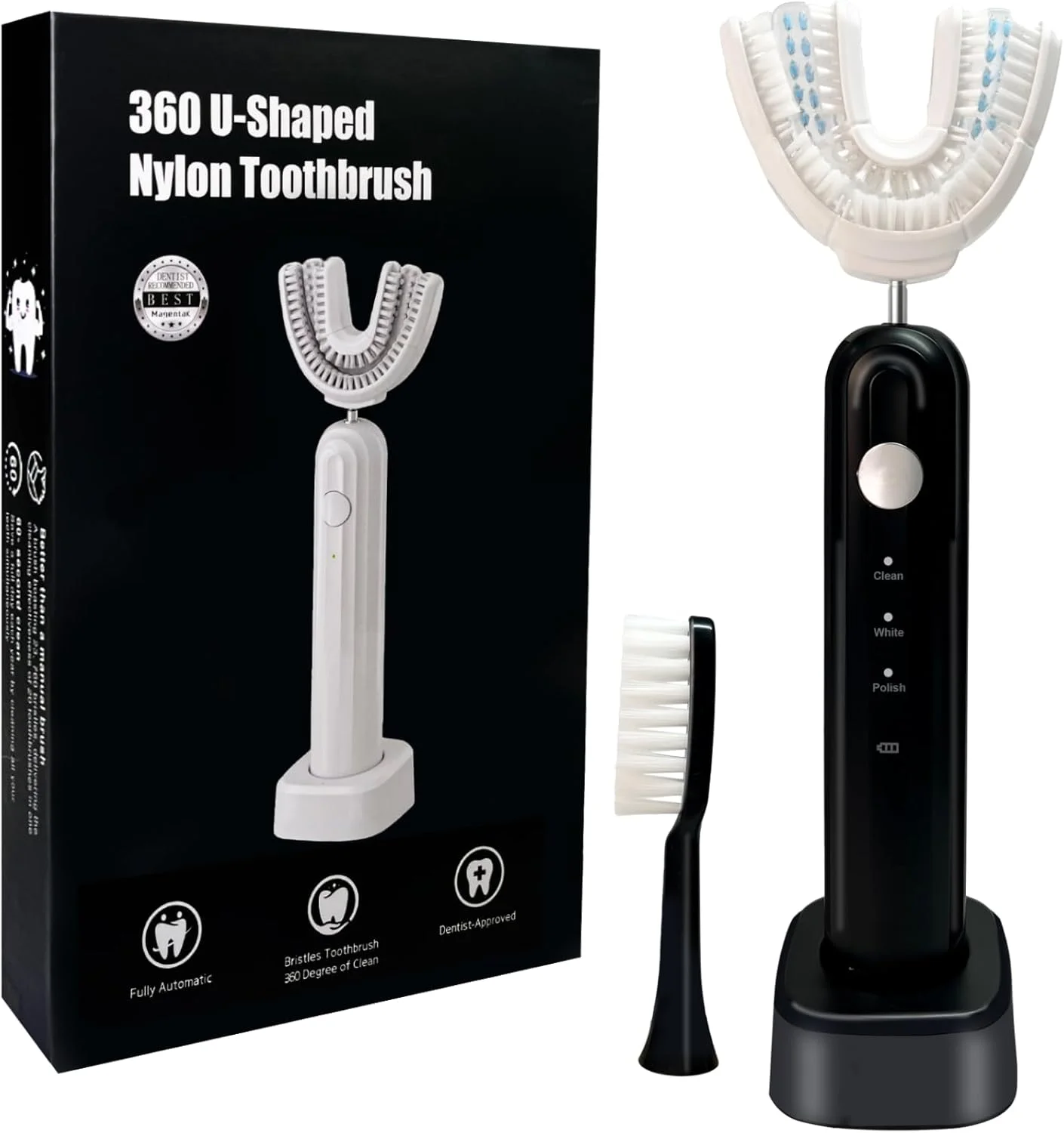 مسواک برقی U شکل برای بزرگسالان - تمیز کردن صوتی اتوماتیک 360 درجه، برس های نرم، 3 حالت، باتری قابل شارژ 1200 میلی آمپر ساعتی، ضد آب IPX7، مناسب برای مسافرت/استفاده در منزل - شارژ Type-C