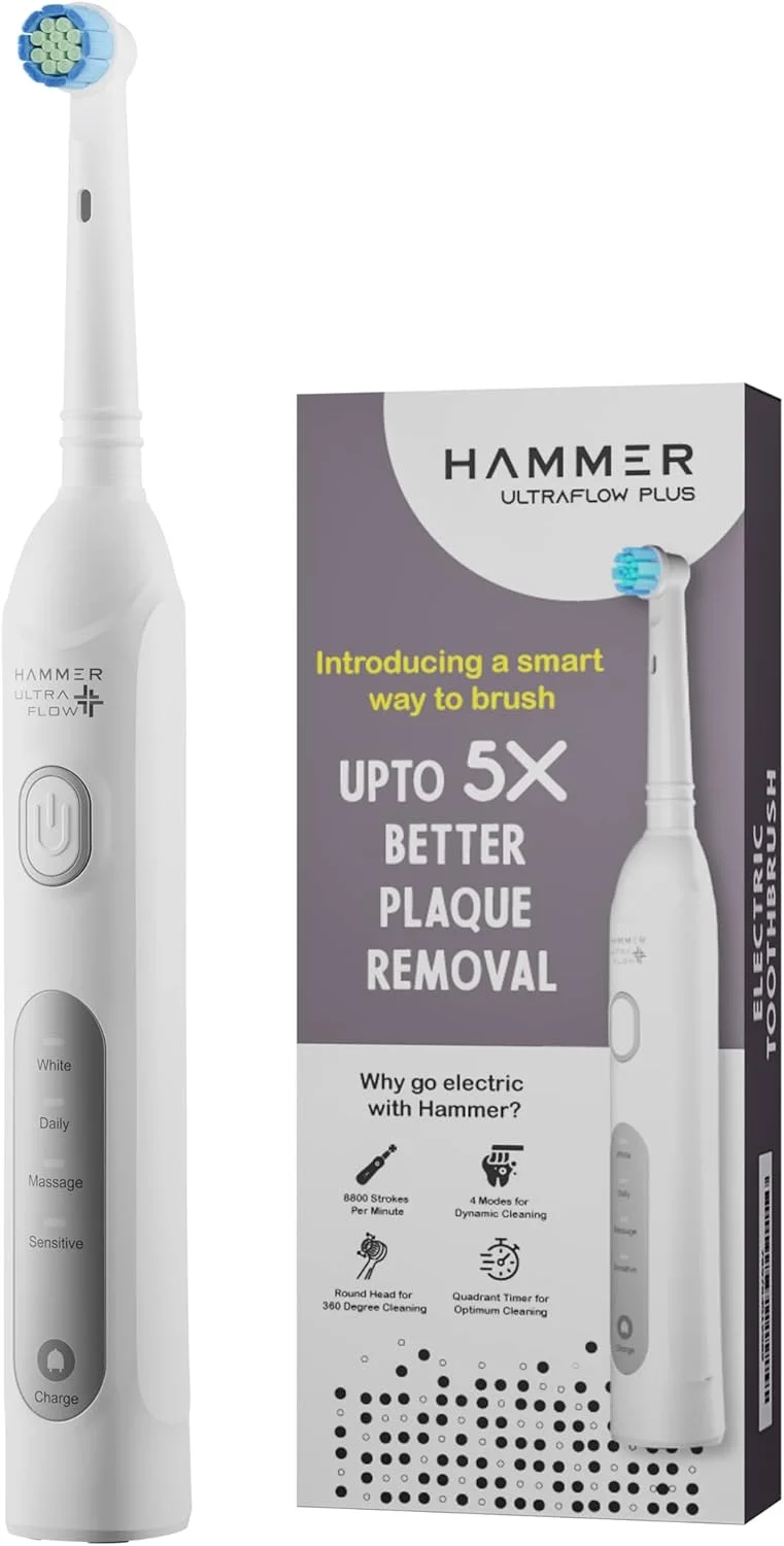مسواک برقی چرخشی بزرگسالان HAMMER Ultraflow Plus با 2 سری مسواک، 4 حالت مسواک زدن (سفید)