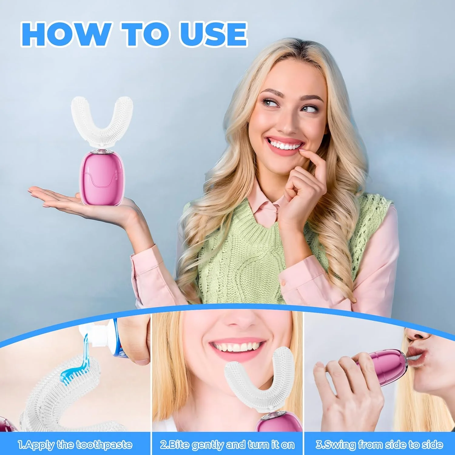 مسواک برقی اولتراسونیک بزرگسالان، مسواک اتوماتیک U شکل برای تمیز کردن 360 درجه کل دهان، سفید کننده دندان، بدون نیاز به دست، قابل شارژ، ضد آب IPX7