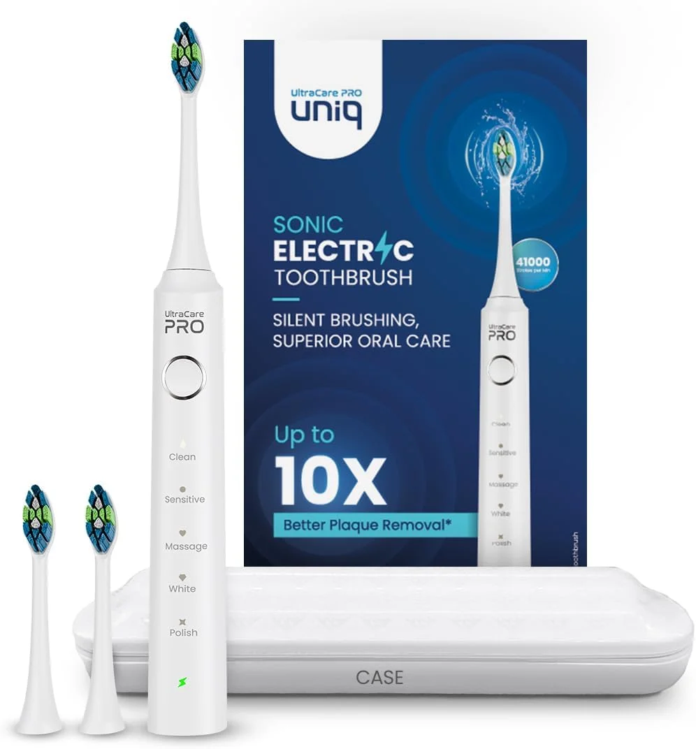 مسواک برقی سونیک UltraCare PRO UNIQ برای بزرگسالان - 3 سری مسواک - 5 حالت مسواک زدن - قابل شارژ - 41000 ضربه در دقیقه - ضد آب IPX7 - یادآوری تعویض QUAD - خاموش شدن خودکار 2 دقیقه ای