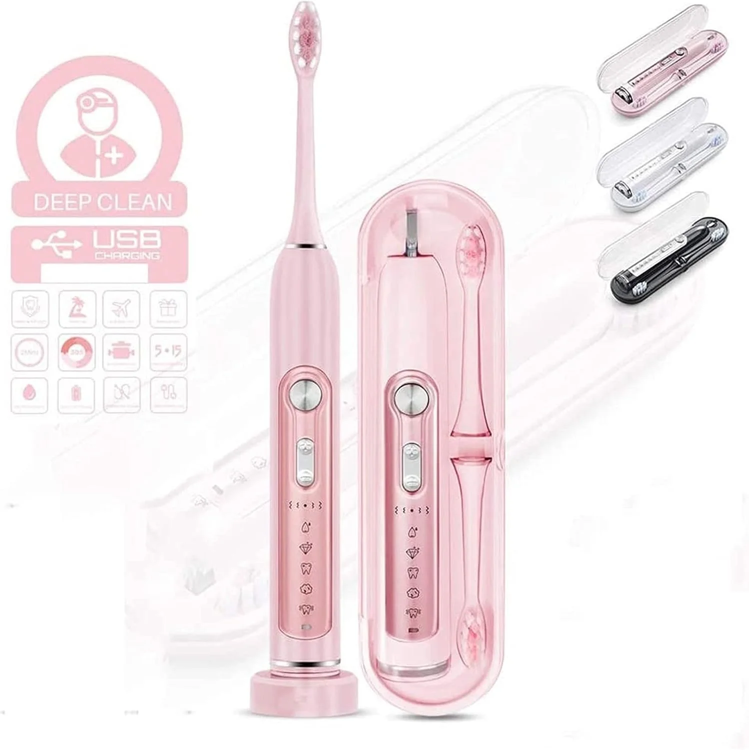 مسواک برقی هوشمند با حسگر فشار. 5 حالت مسواک زدن، 2 برس، کیف مسافرتی ممتاز، شارژ بی سیم USB. عملکرد تمیز کنندگی قدرتمند (رنگ: سفید)