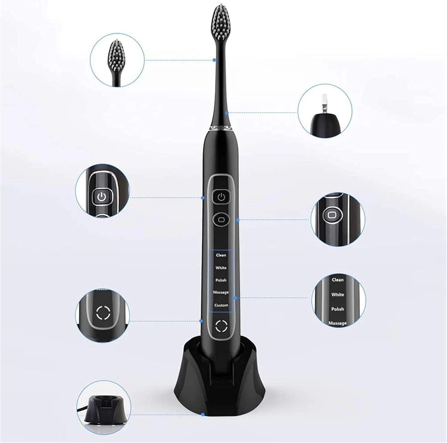 مسواک برقی، 1 دسته متصل به برنامه، 5 حالت با عملکرد سفید کننده، حساس، سنسور فشار، 2 سر مسواک عملکرد تمیز کنندگی قدرتمند (رنگ: آبی)