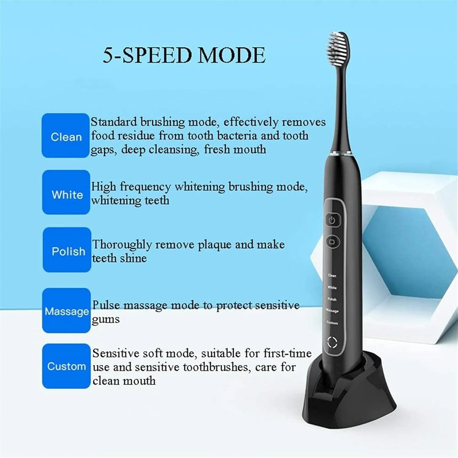 مسواک برقی، 1 دسته متصل به برنامه، 5 حالت با عملکرد سفید کننده، حساس، سنسور فشار، 2 سر مسواک عملکرد تمیز کنندگی قدرتمند (رنگ: آبی)