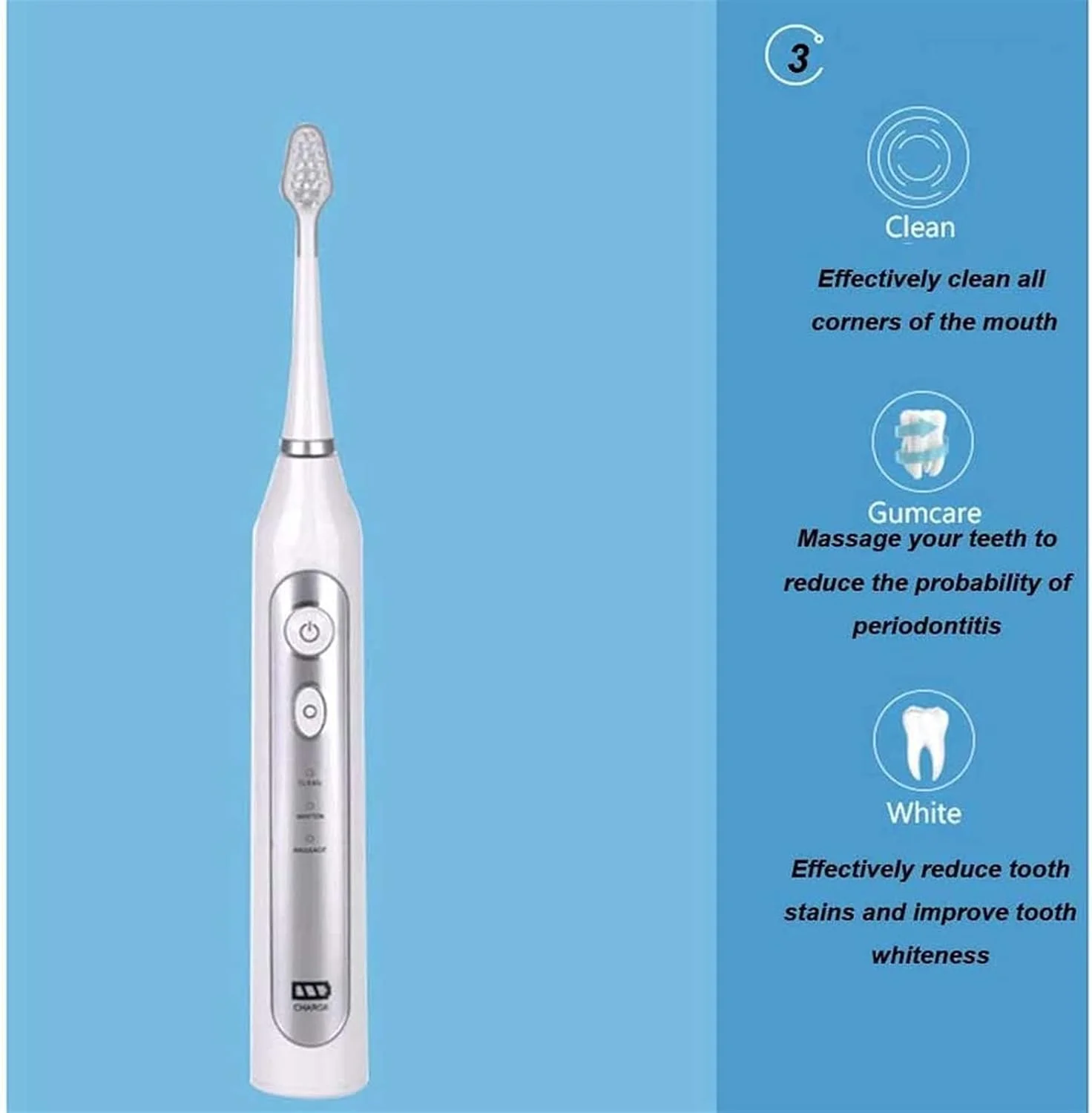 مسواک برقی، مسواک برقی سونیک قابل شارژ با 3 حالت و 4 سر برس | شارژ سریع | ضد آب IPX7 با عملکرد تمیز کنندگی قوی