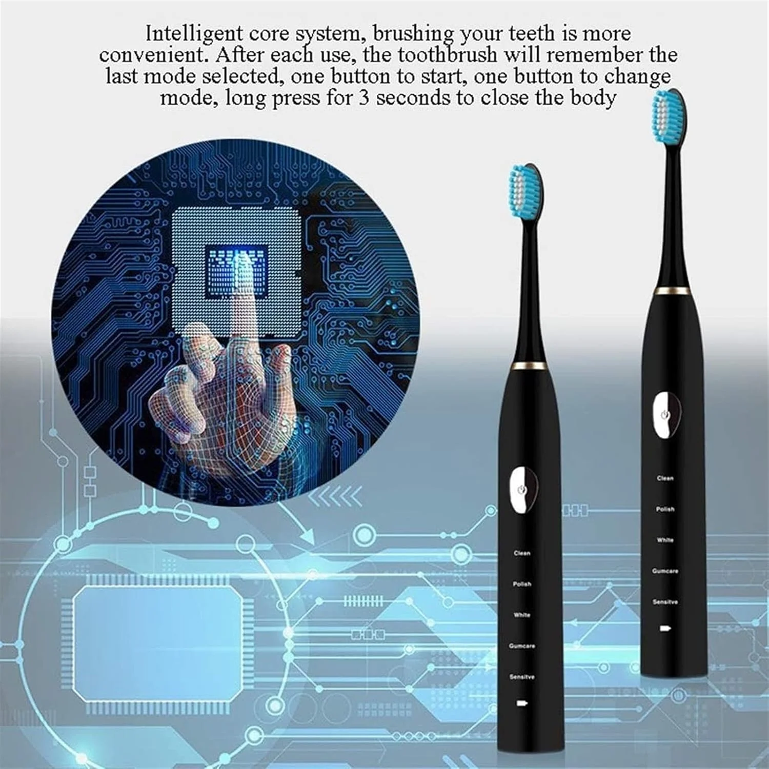 مسواک برقی شارژی UOOD، مسواک صوتی سفید کننده برای بزرگسالان و نوجوانان با 5 حالت، شارژ القایی هوشمند کنترل نقطه ای عملکرد تمیز کنندگی قدرتمند (رنگ: مشکی)