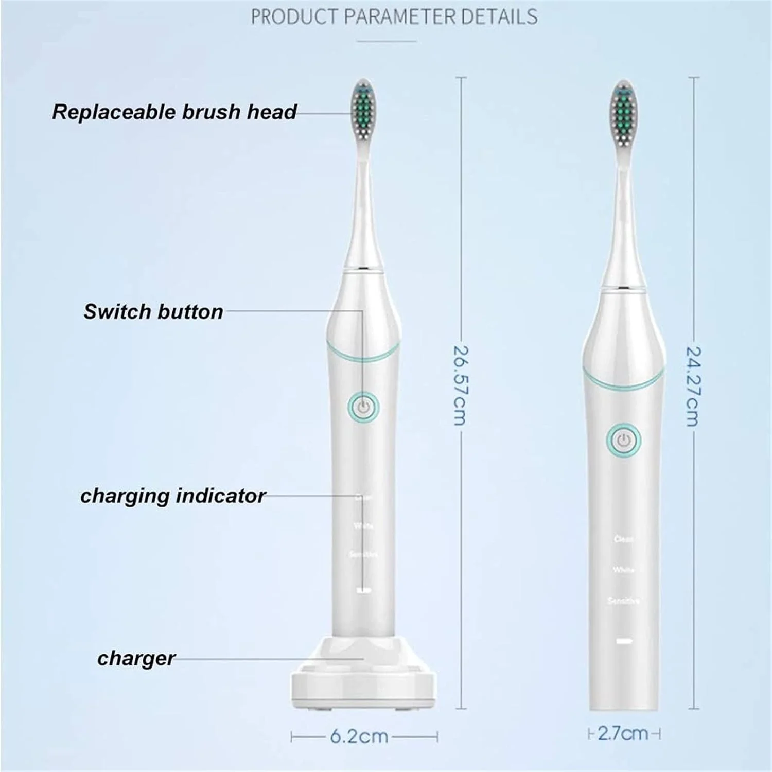 مسواک برقی UOOD، مسواک‌های برقی صوتی سفید کننده آرام‌تر برای بزرگسالان، قابل شارژ با 3 حالت، 2 سری و 1 کیف مسافرتی شامل عملکرد تمیز کنندگی قدرتمند (رنگ: سفید)