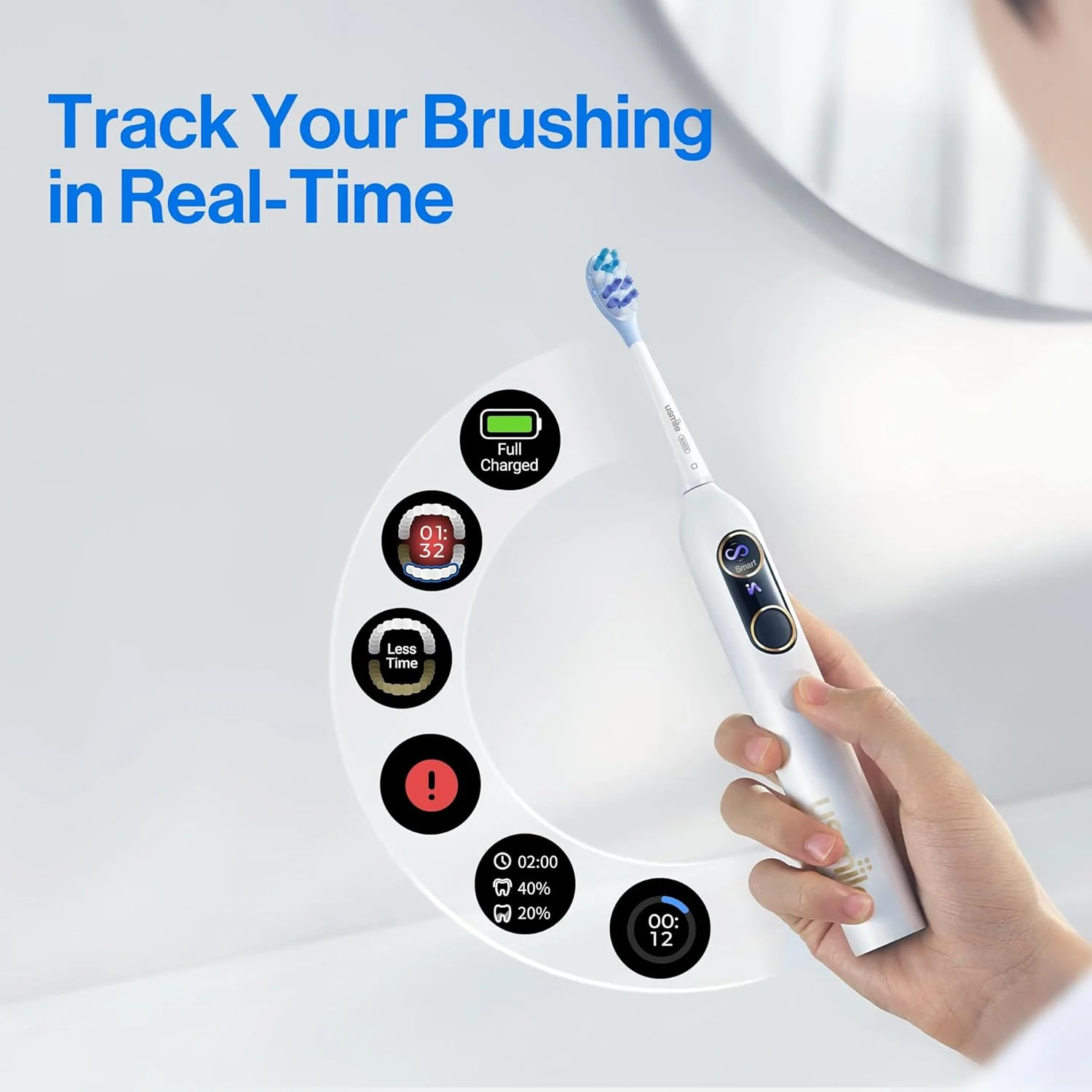 مسواک برقی usmile Y10 Pro با صفحه نمایش هوشمند 24/7، برس زدن واکنش گرا، مسواک هوشمند با کنترل فشار، یک بار شارژ تا 6 ماه