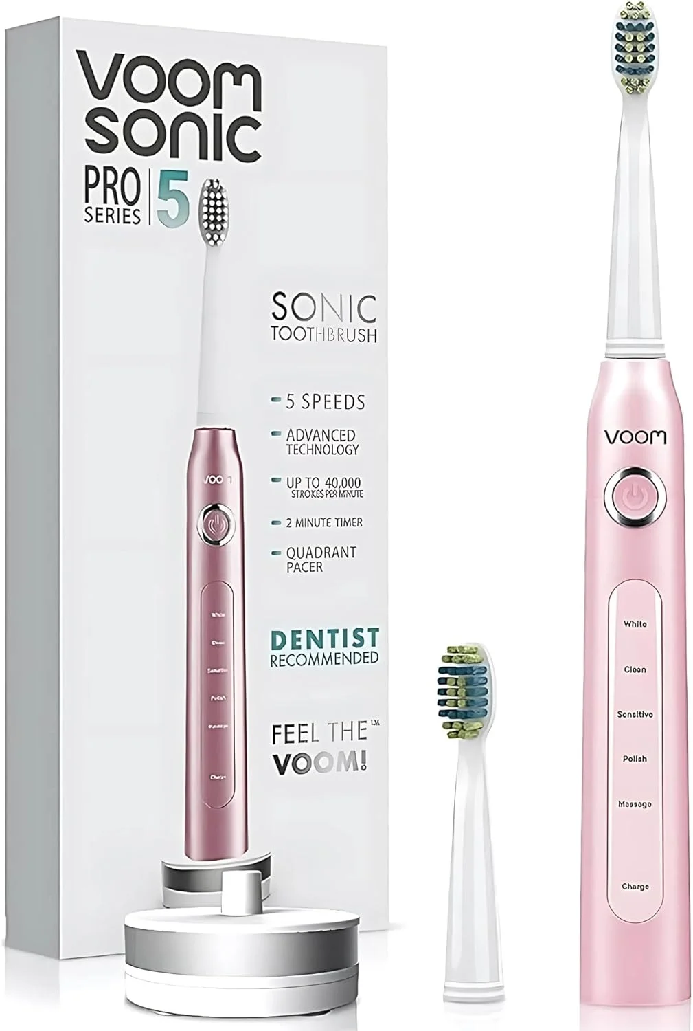 مسواک برقی شارژی Voom Sonic Pro 5 با برس نرم نایلونی Dupont، مراقبت پیشرفته دهان و دندان توصیه شده توسط دندانپزشکان، تایمر 2 دقیقه ای با سرعت متغیر - صورتی مسواک برقی شارژی Voom Sonic Pro 5 با برس نرم نایلونی Dupont، مراقبت پیشرفته دهان و دندان توصیه شده توسط دندانپزشکان، تایمر 2 دقیقه ای با سرعت متغیر - صورتی