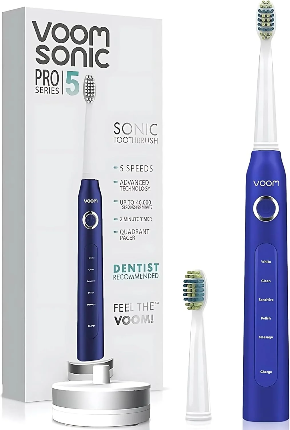 مسواک برقی شارژی Voom Sonic Pro 5 Series، توصیه شده توسط دندانپزشکان، مراقبت پیشرفته از دهان و دندان، تایمر 2 دقیقه ای با سرعت چهارگانه، 5 سرعت قابل تنظیم، برس های نایلونی نرم Dupont، آبی مسواک برقی شارژی Voom Sonic Pro 5 Series، توصیه شده توسط دندانپزشکان، مراقبت پیشرفته از دهان و دندان، تایمر 2 دقیقه ای با سرعت چهارگانه، 5 سرعت قابل تنظیم، برس های نایلونی نرم Dupont، آبی