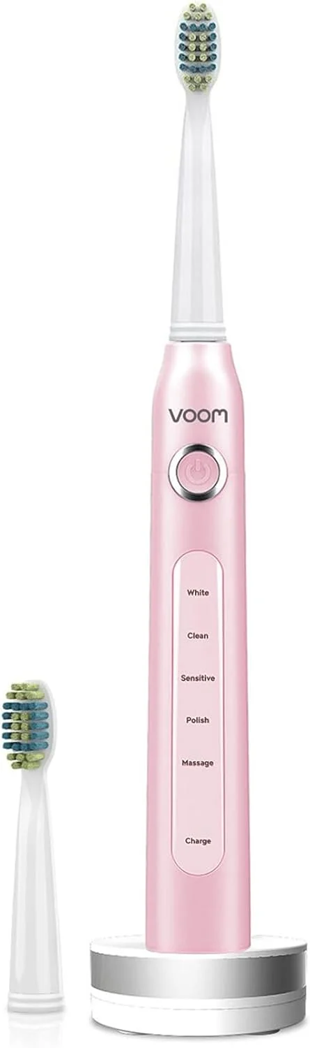 مسواک برقی شارژی Voom Sonic Pro 5 با برس نرم نایلونی Dupont، مراقبت پیشرفته دهان و دندان توصیه شده توسط دندانپزشکان، تایمر 2 دقیقه ای با سرعت متغیر - صورتی