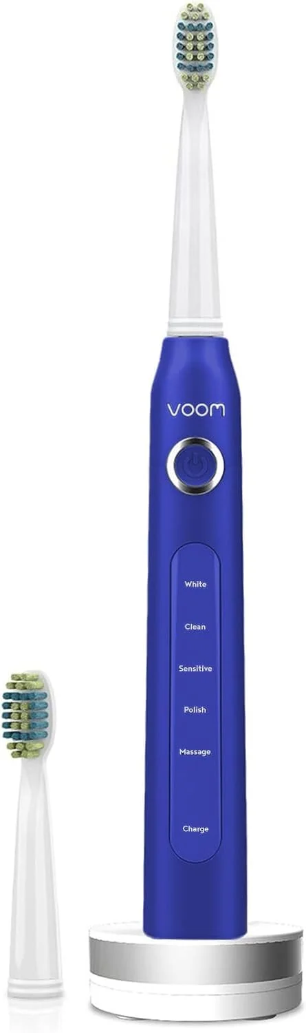 مسواک برقی شارژی Voom Sonic Pro 5 Series، توصیه شده توسط دندانپزشکان، مراقبت پیشرفته از دهان و دندان، تایمر 2 دقیقه ای با سرعت چهارگانه، 5 سرعت قابل تنظیم، برس های نایلونی نرم Dupont، آبی