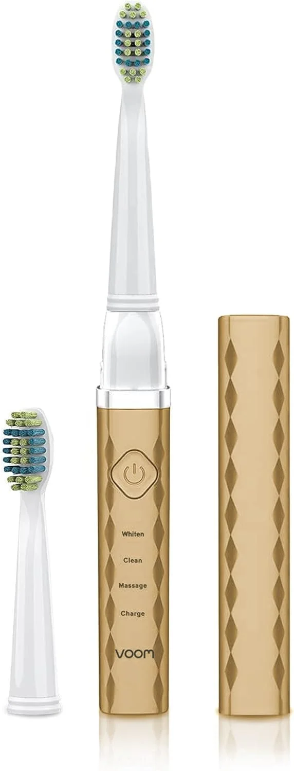 مسواک برقی شارژی Voom Sonic Pro 3 با برس نرم نایلونی Dupont، توصیه شده توسط دندانپزشکان، مراقبت از دهان قابل حمل، تایمر 2 دقیقه ای، 3 سرعت قابل تنظیم، طراحی سبک وزن - طلایی