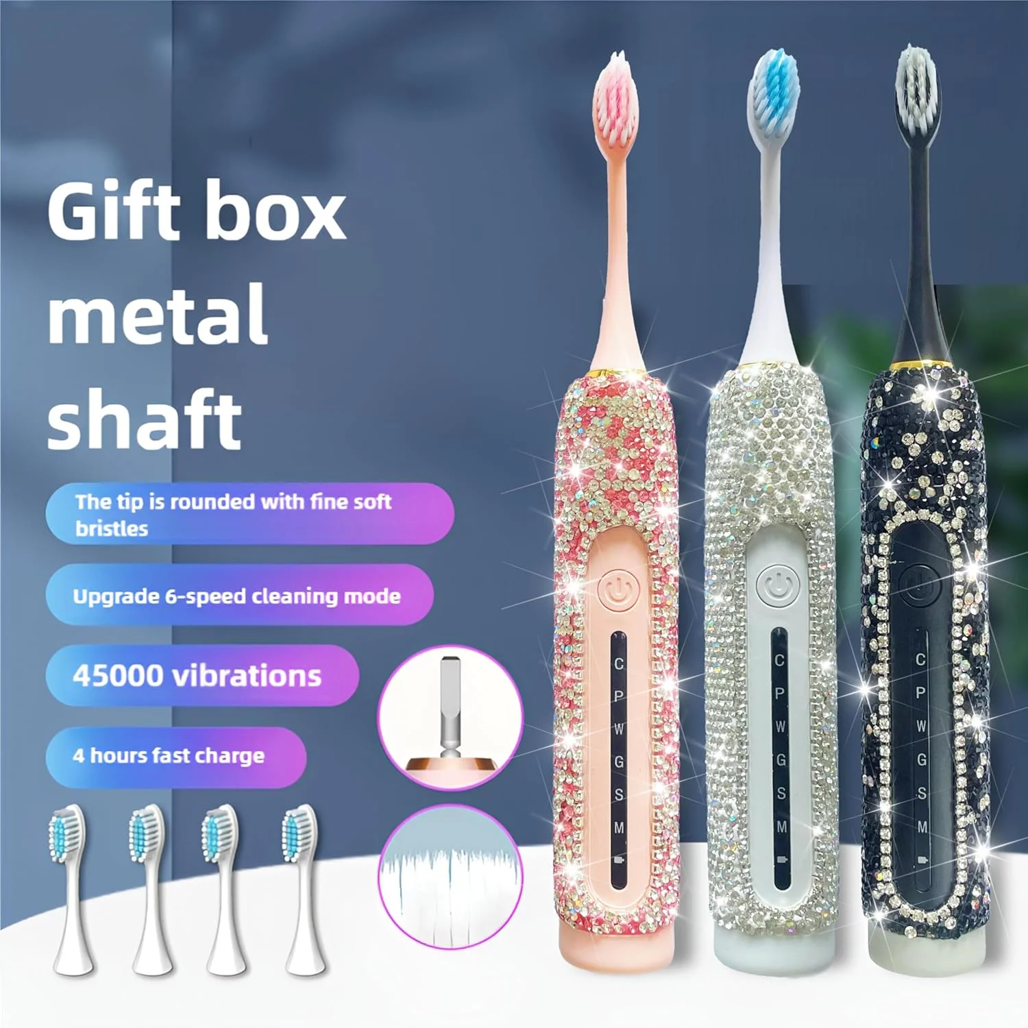 مسواک برقی زنانه با تزئین الماس، مشکی، قابل حمل، مناسب سفر، به همراه 3 سری تعویضی و 6 حالت مسواک برقی زنانه با تزئین الماس، مشکی، قابل حمل، مناسب سفر، به همراه 3 سری تعویضی و 6 حالت