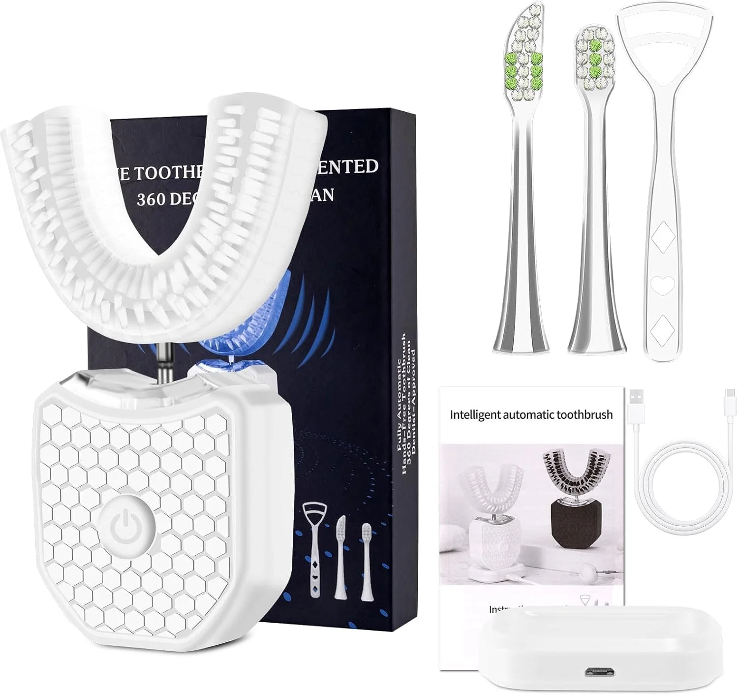 مسواک برقی اولتراسونیک WingFly با برس های ارتقا یافته 360 درجه، مسواک اتوماتیک کامل، مسواک صوتی هوشمند U شکل، بی سیم (سفید، M)